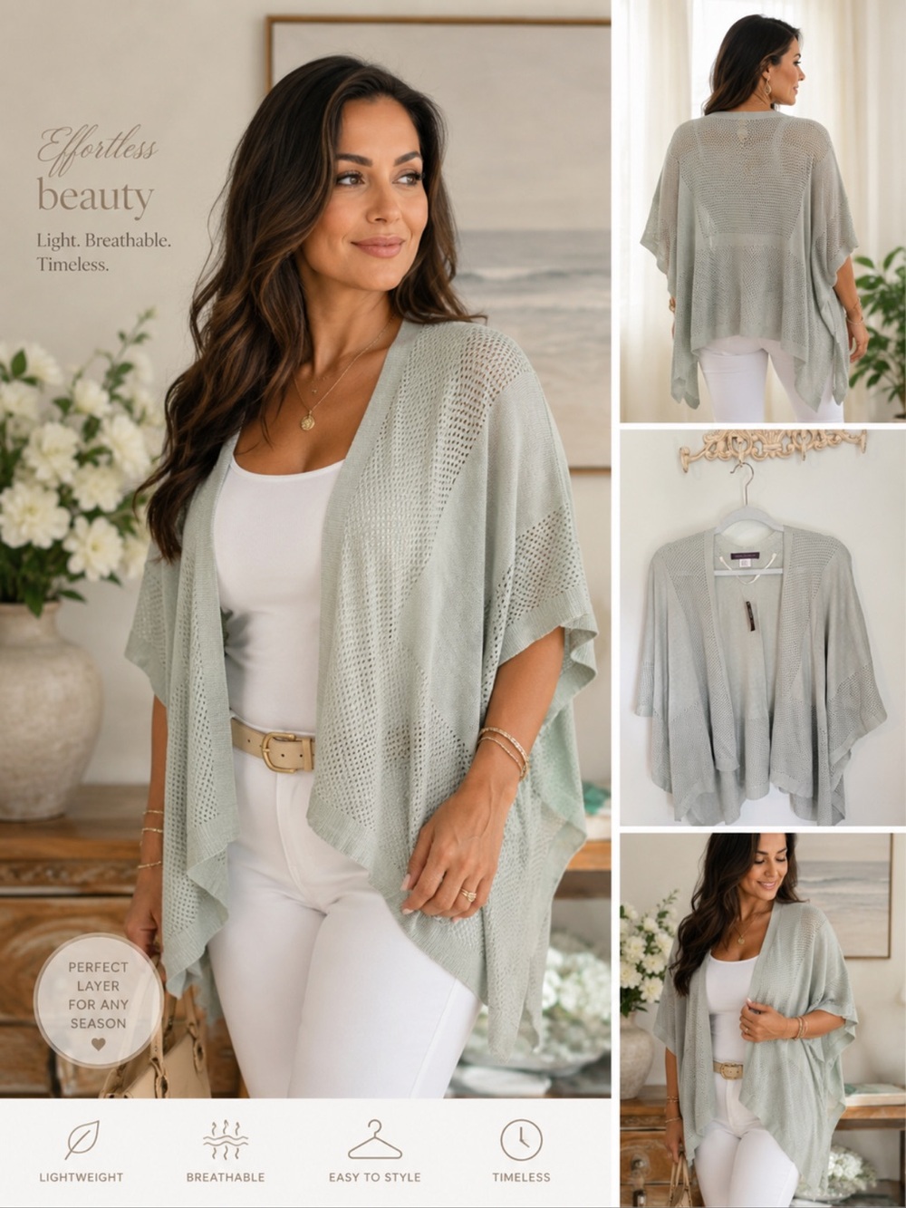 Light sage green Open Knit Draped Cardigan
